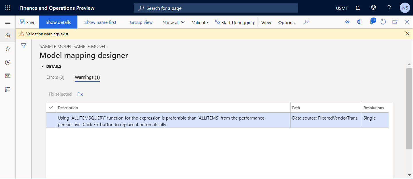 Screenshot of recommendation to use the ALLITEMSQUERY function instead of the ALLITEMS function on the Model mapping designer page.