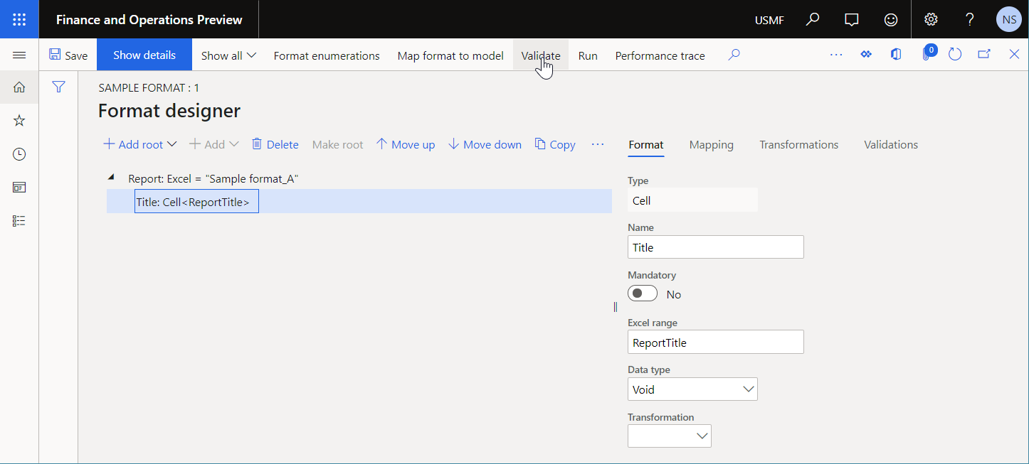 Screenshot of validating the nested elements and fields on the Format designer page.