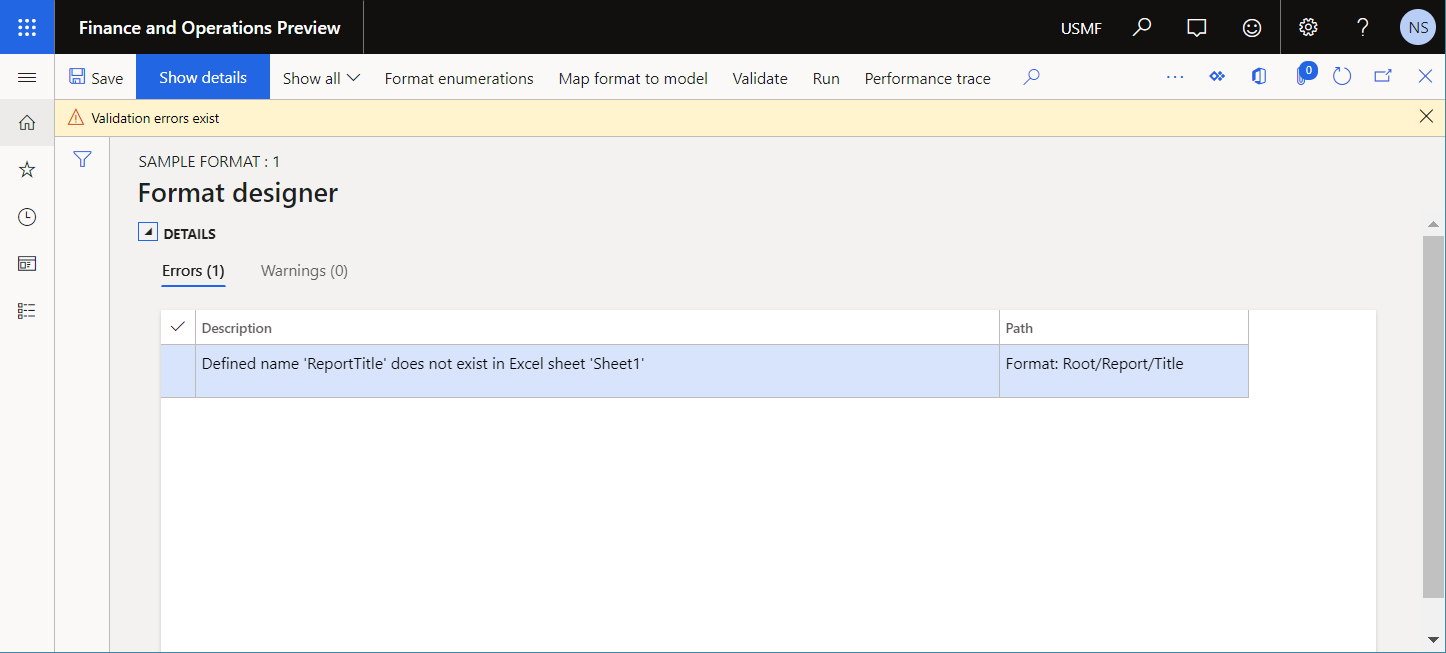 Screenshot of validation warning that the name ReportTitle doesn't exist on Sheet1 of the Excel template.