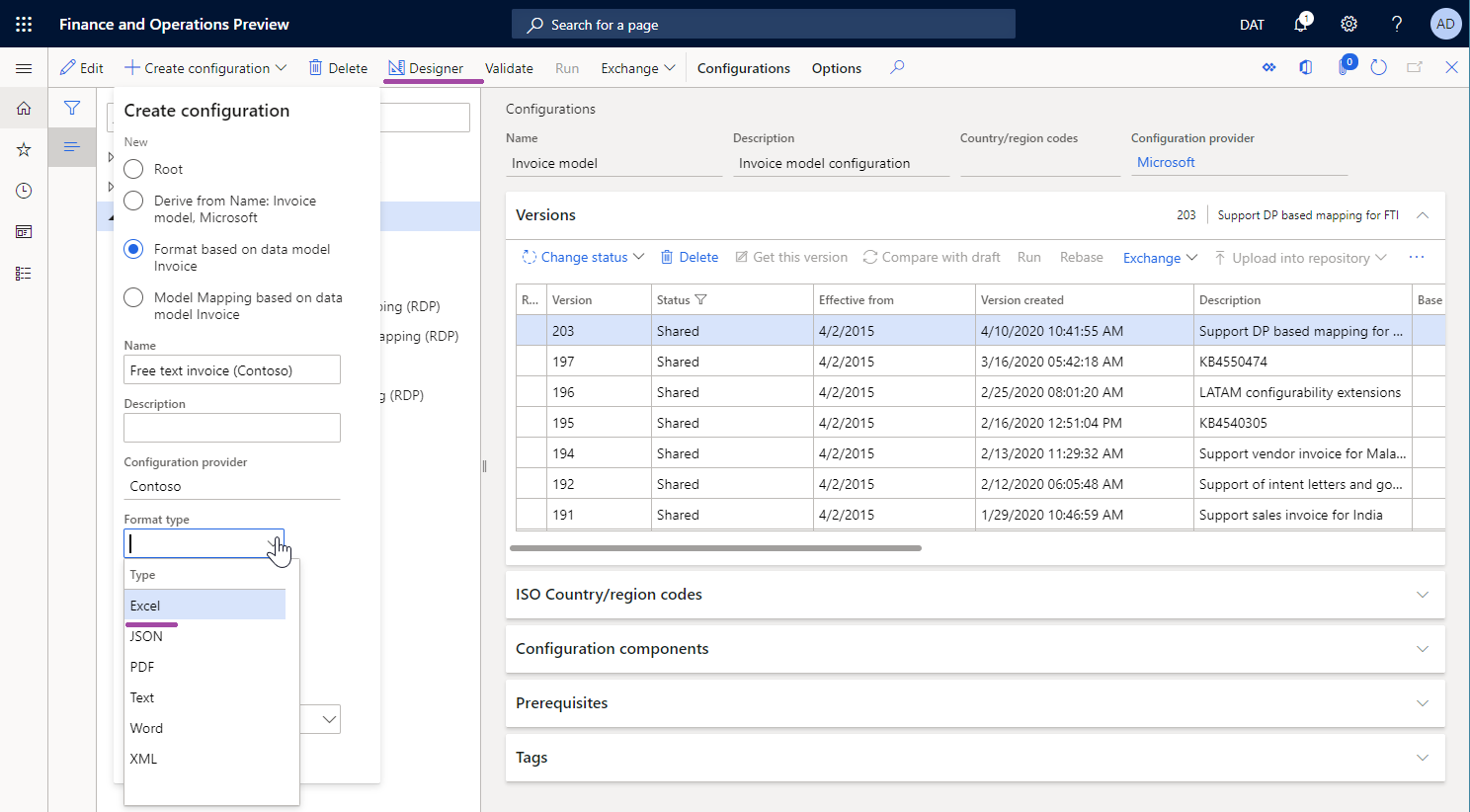 Screenshot of the Configurations page.