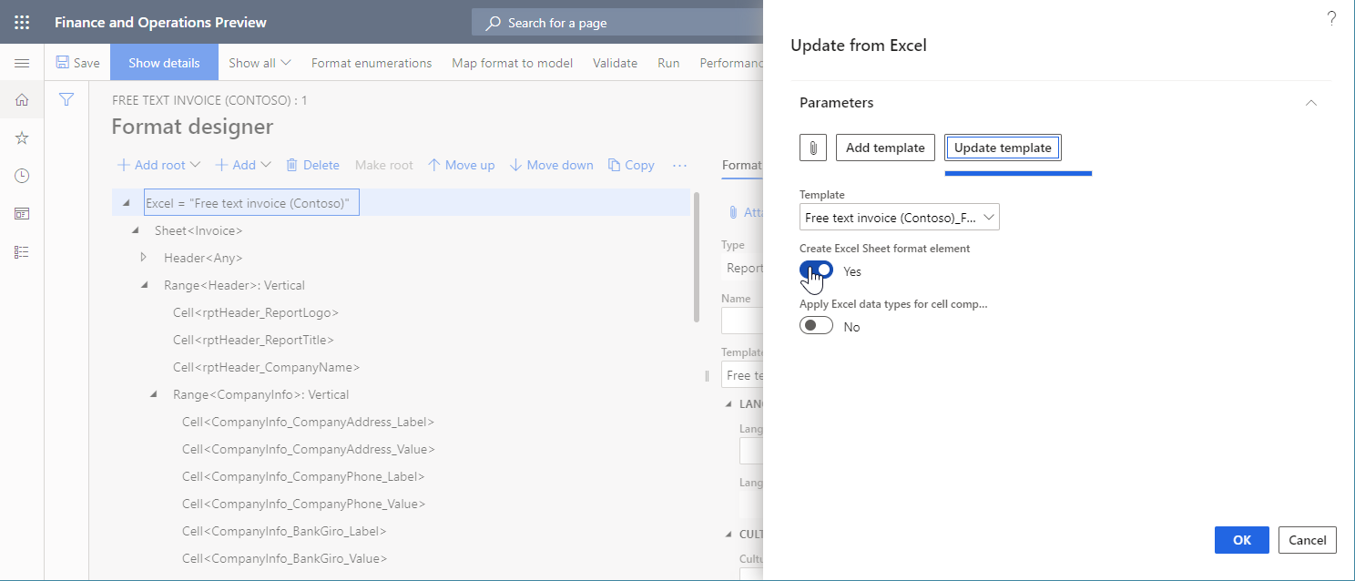 Screenshot of the Create Excel Sheet format element option in the Update from Excel dialog box.
