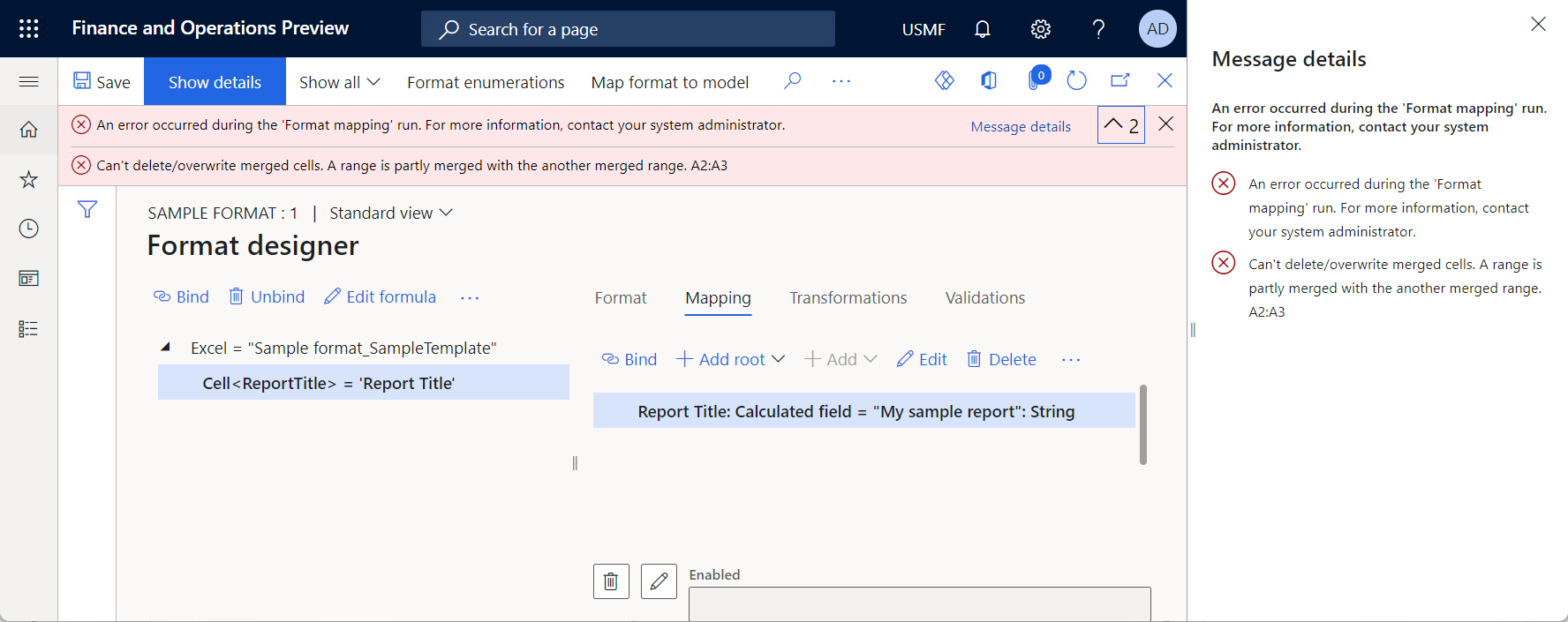 Screenshot of reviewing the results of running the configured ER format on the Format designer page.