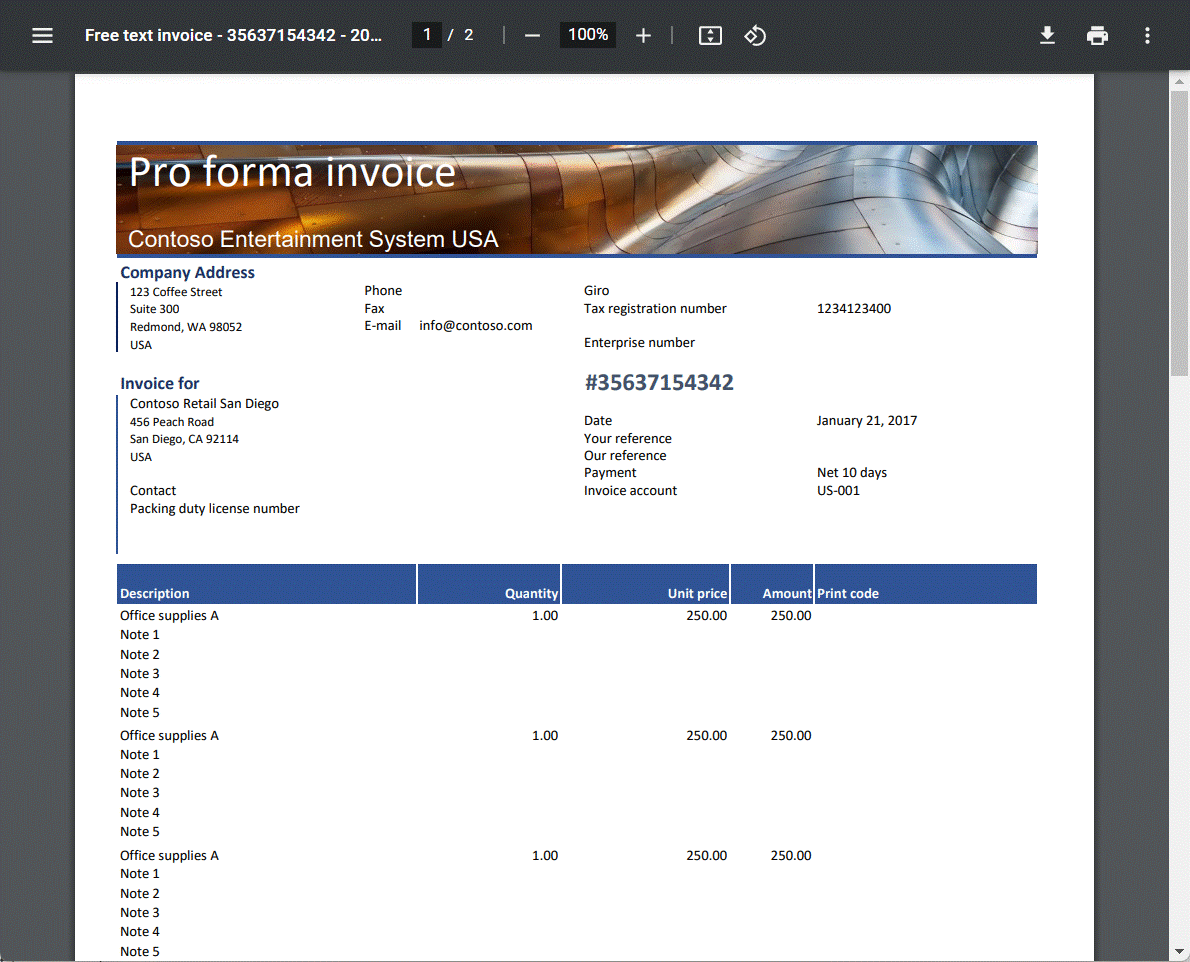 Screenshot of reviewing the pagination of the generated free text invoice in the Excel desktop application.