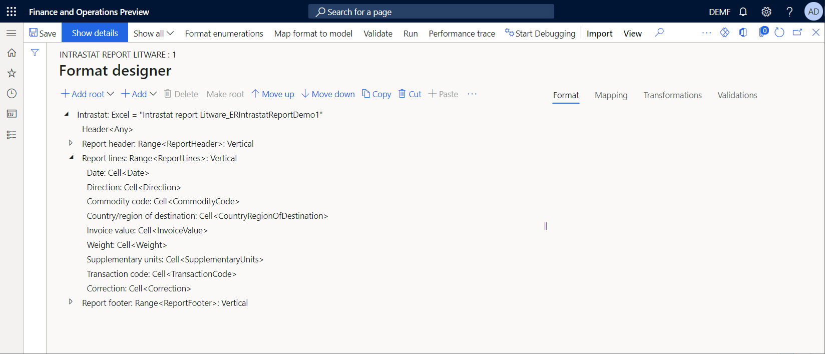 Screenshot of the format structure in the ER format designer after the new Excel template is added.
