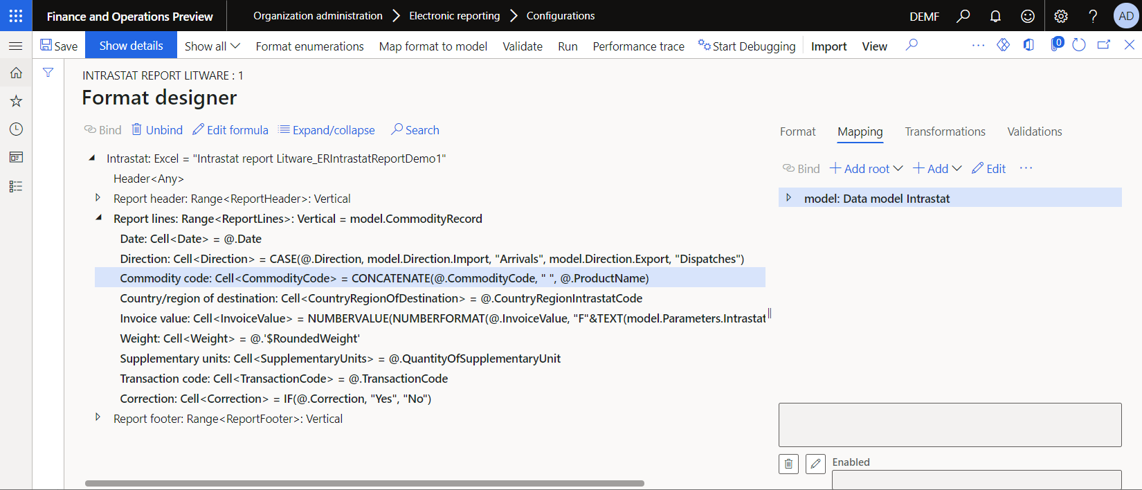 Screenshot of the configured binding for showing the item description in the ER format designer.