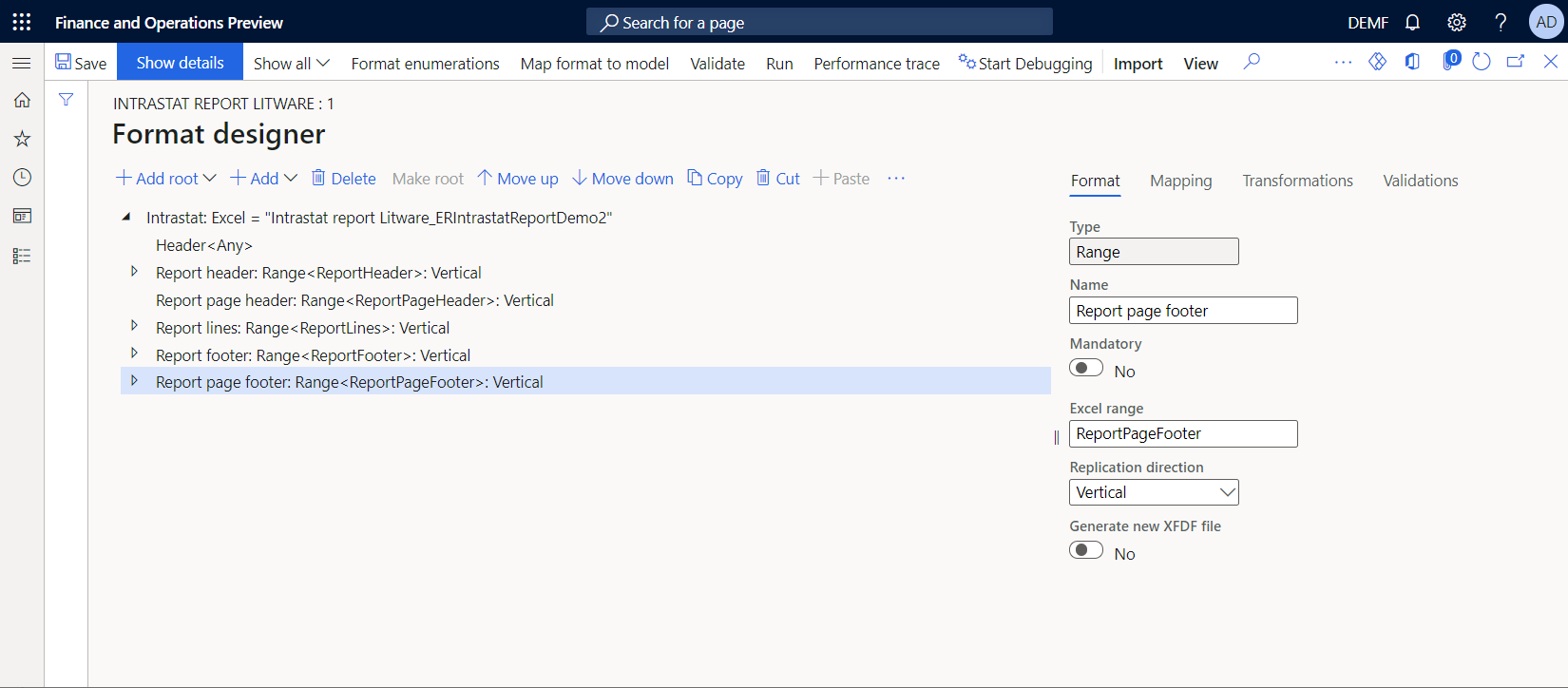 Screenshot of the format structure in the ER format designer after the Excel template is replaced.
