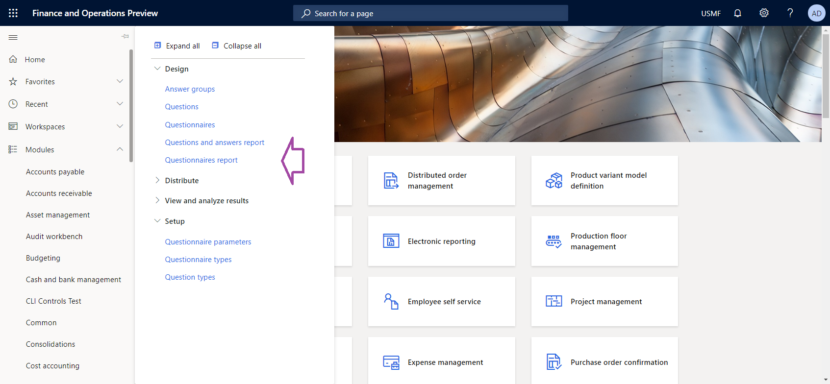 Screenshot of selecting the Questionnaires report menu item in the Questionnaire module to run the existing SSRS report.