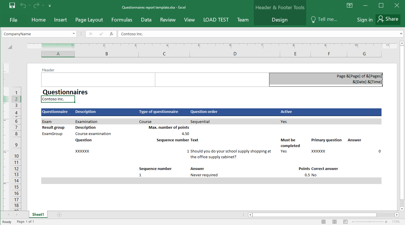 Screenshot of the custom report header in the provided Excel template.