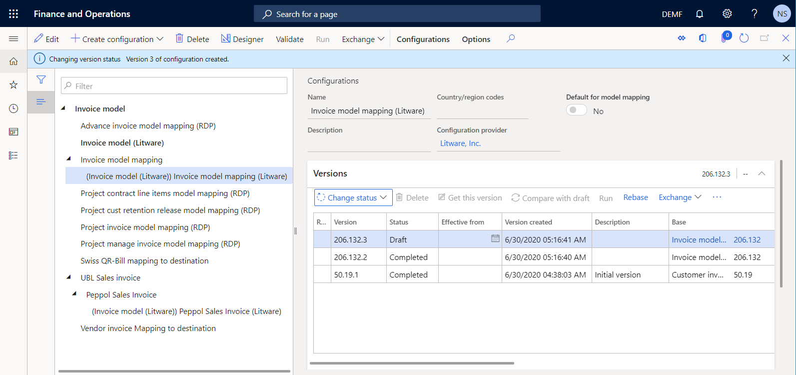 Screenshot of version 206.132.2 completed on the Configurations page.