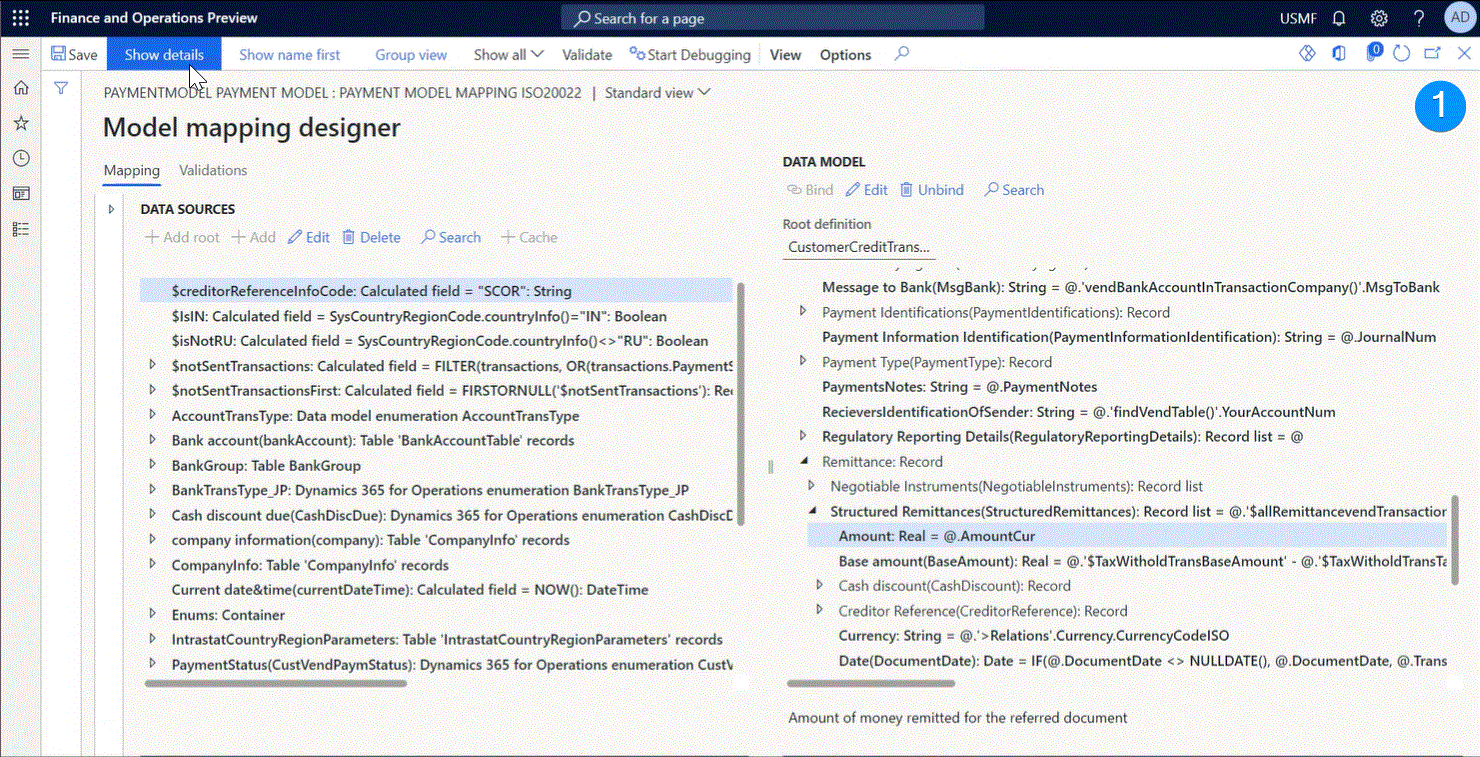 Screenshot of using the Go to @ option to position the cursor of the data sources tree to an element that is the parent of the editable one on the Formula designer page.
