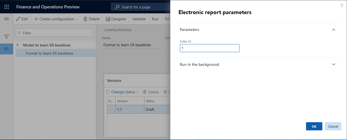 Screenshot of the Electronic report parameters dialog box.