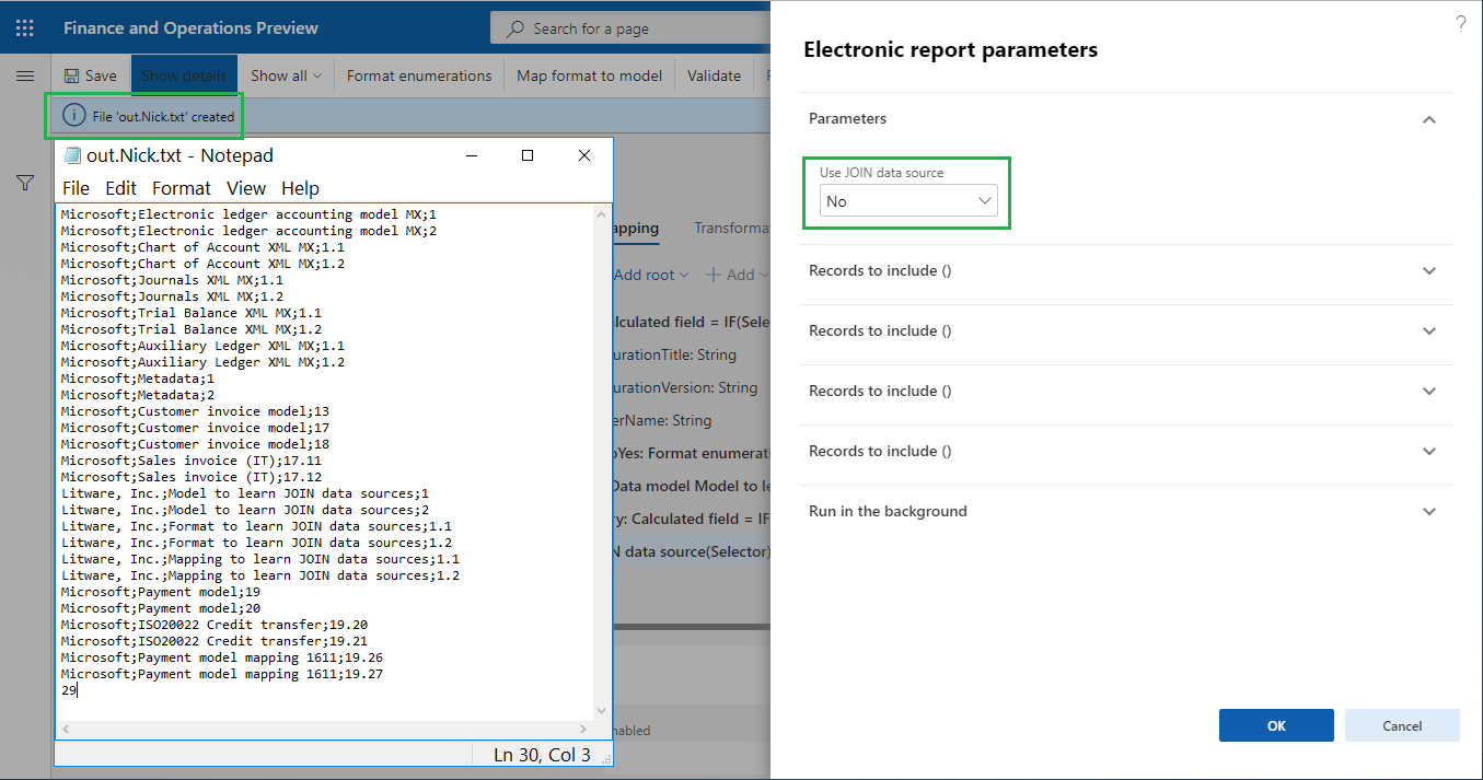 Screenshot of the Electronic report parameters generated file not using JOIN data source.