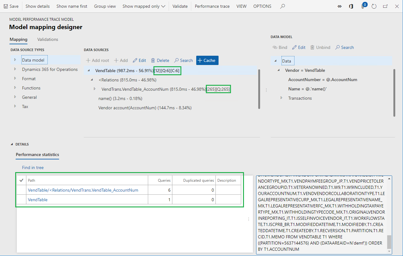 Screenshot of the trace information for the VendTable data source on the Model mapping designer page in RCS.