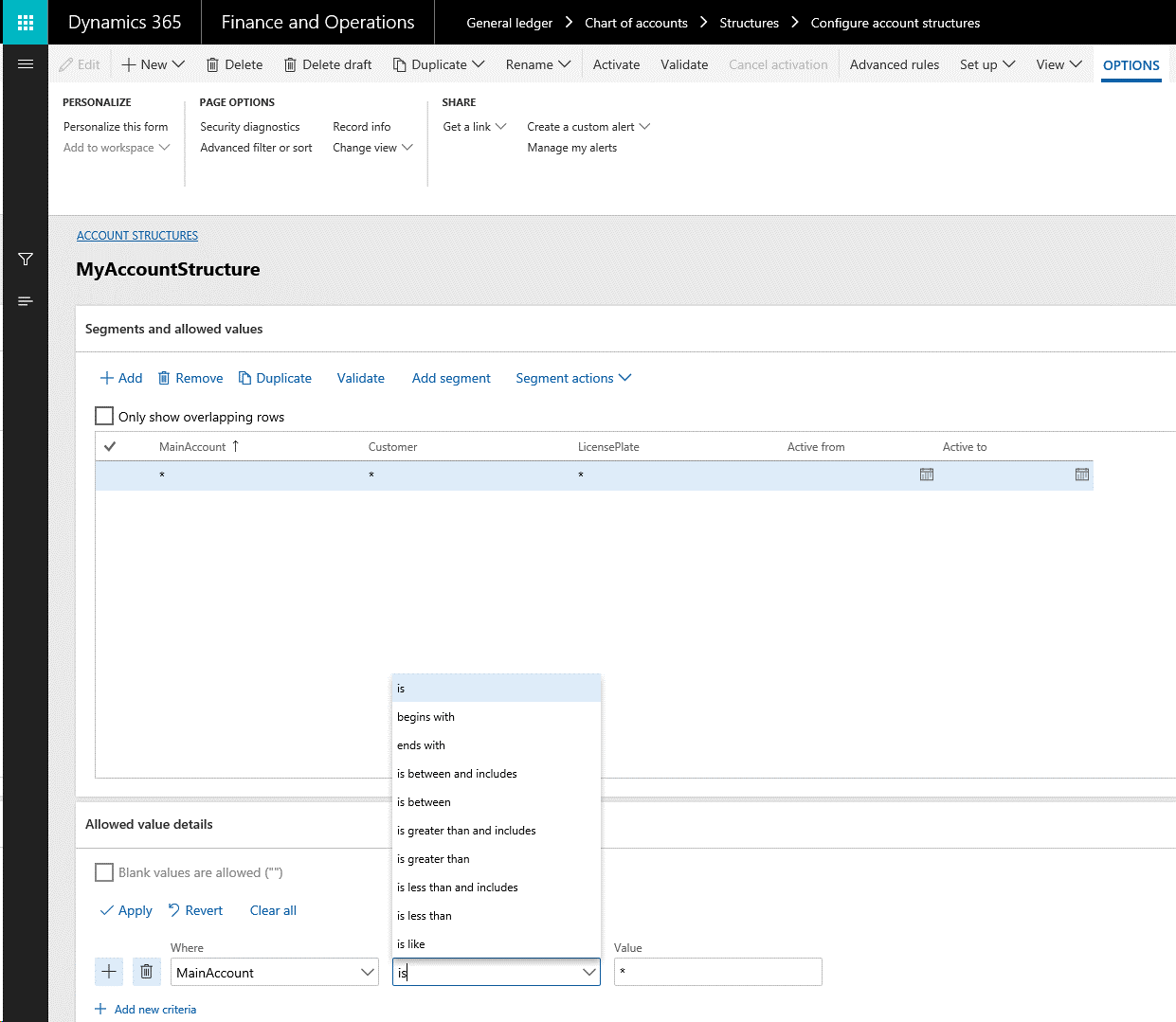 Screenshot of the constraint builder on the Account structures page.