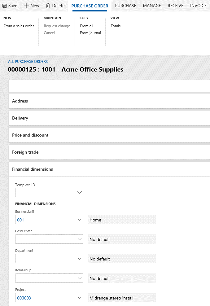 Screenshot of default dimension modified by a user on a document header (purchase order).