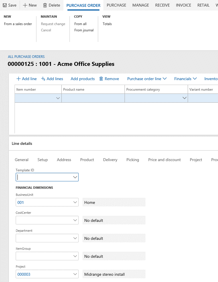 Screenshot of default dimensions copied to a document line (purchase order line).