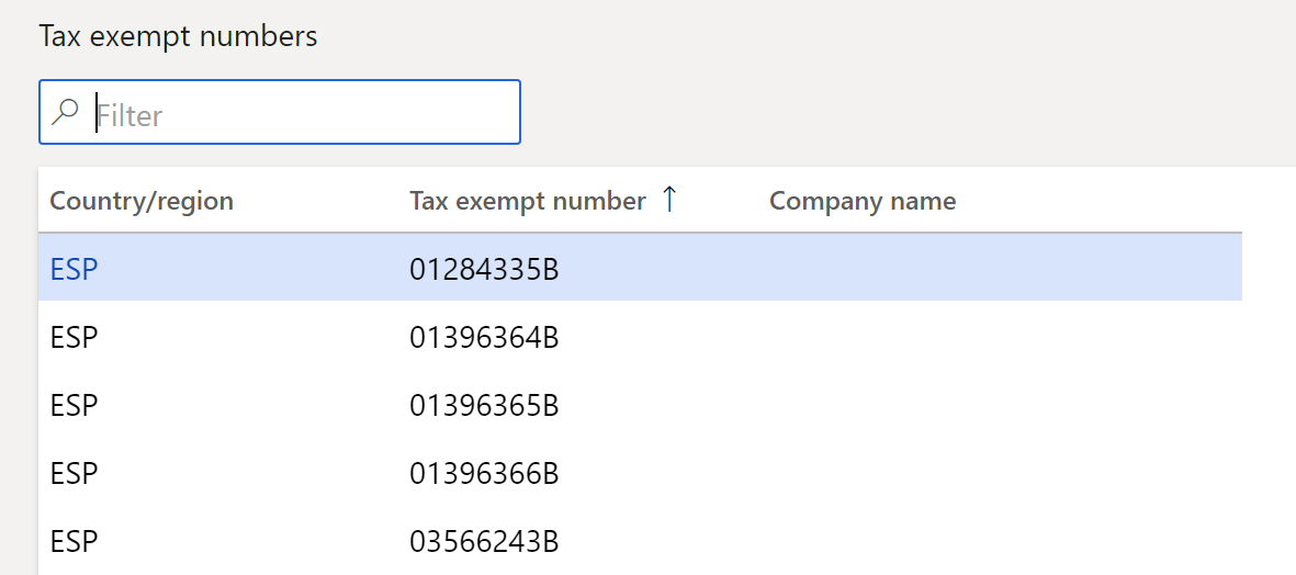 Screenshot of the Tax exempt numbers page.