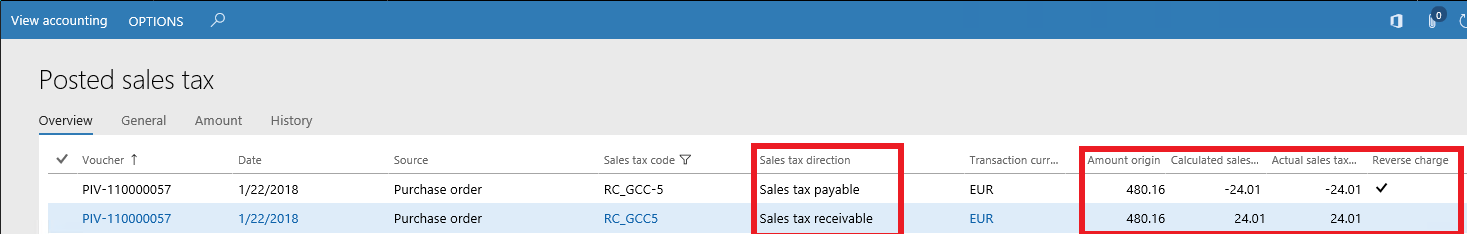 Screenshot of posted sales tax transactions showing Sales tax receivable and Sales tax payable directions.
