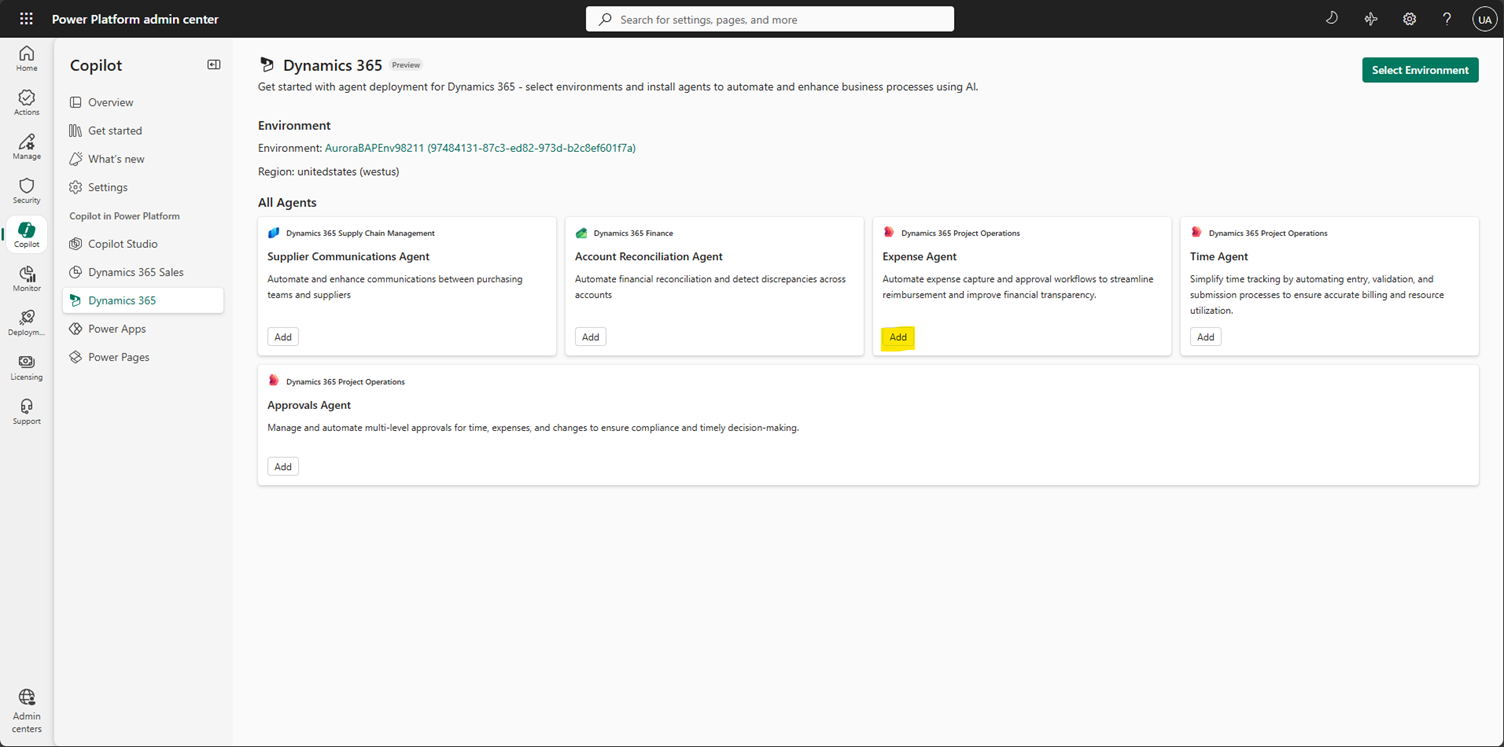 Screenshot of the Agent deployment tool in Power Platform admin center.