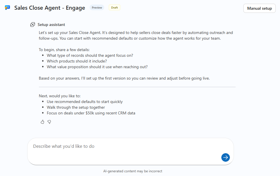 Sales Close Agent setup assistant showing the option to choose between Quick setup and Guided setup.