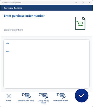 Screenshot of purchase receiving using PO number with detour options displayed.