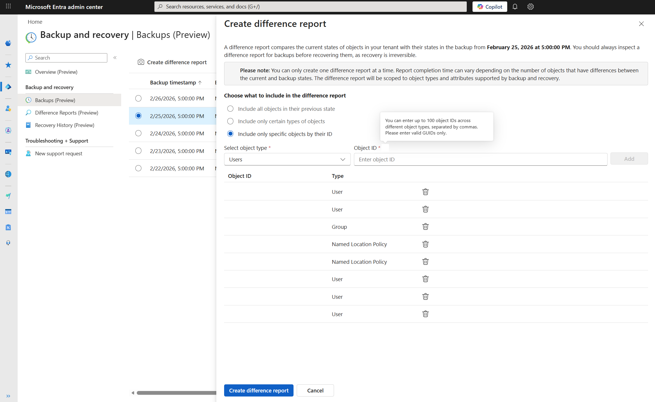 Screenshot of the Create difference report dialog with the Include only specific objects by ID selected.