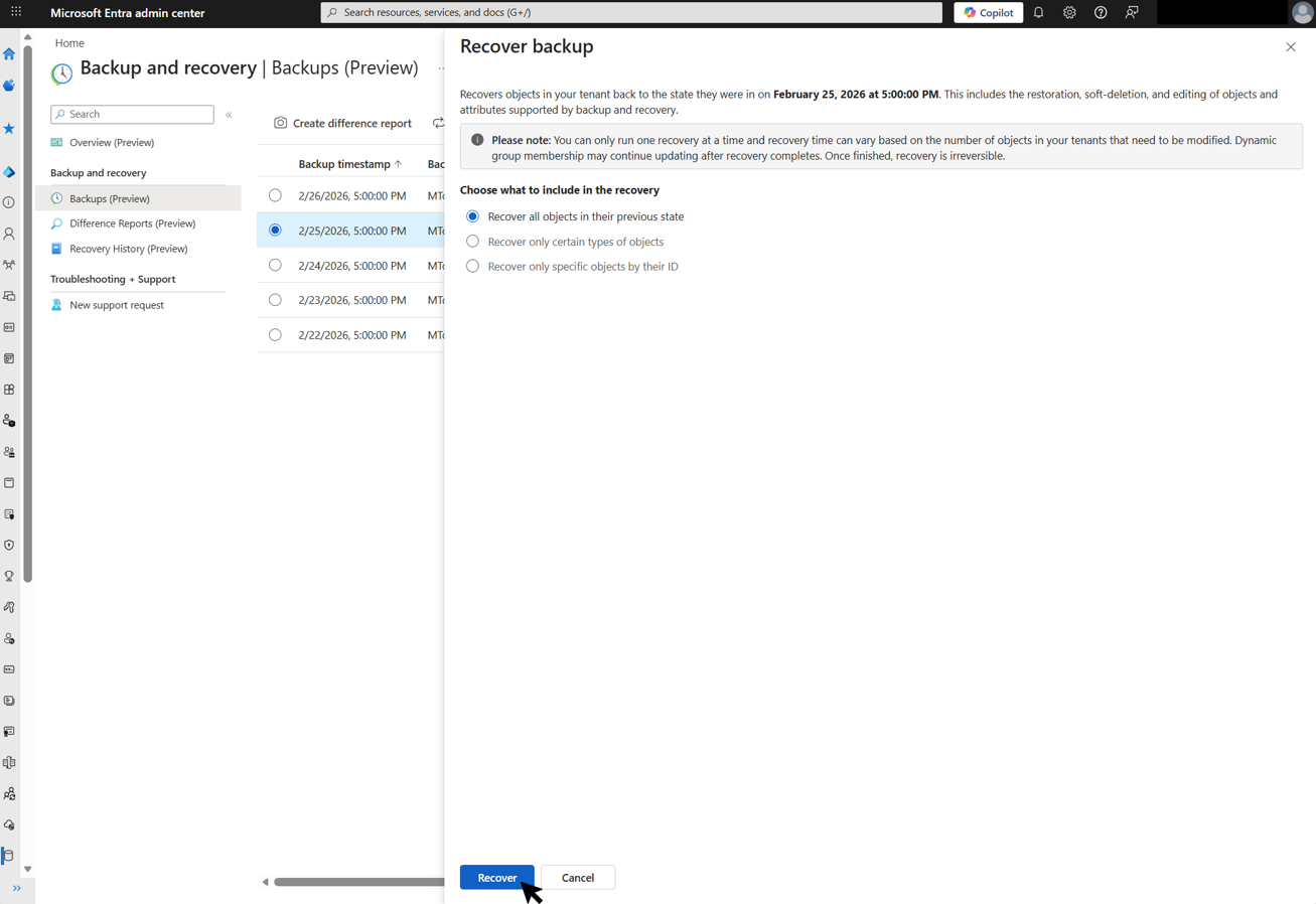 Screenshot of the Recover backup dialog with the Recover all objects in their previous state option selected and the cursor on the Recover button.