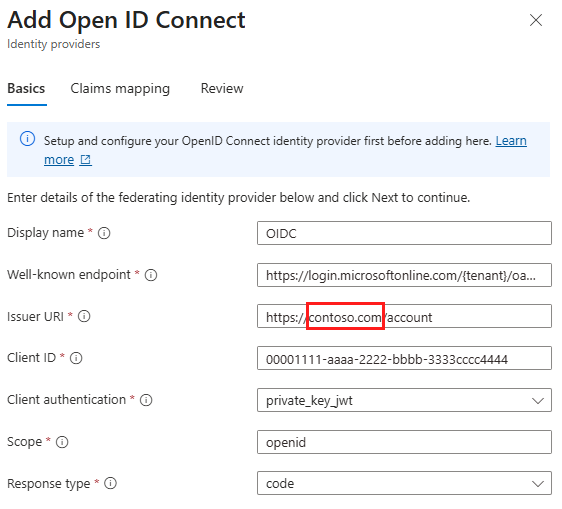 Issuer URI domain segment used for domain_hint in custom OpenID Connect configuration.
