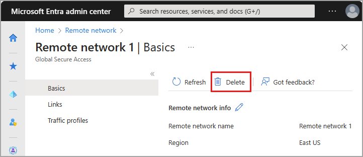 Screenshot that shows delete remote network.