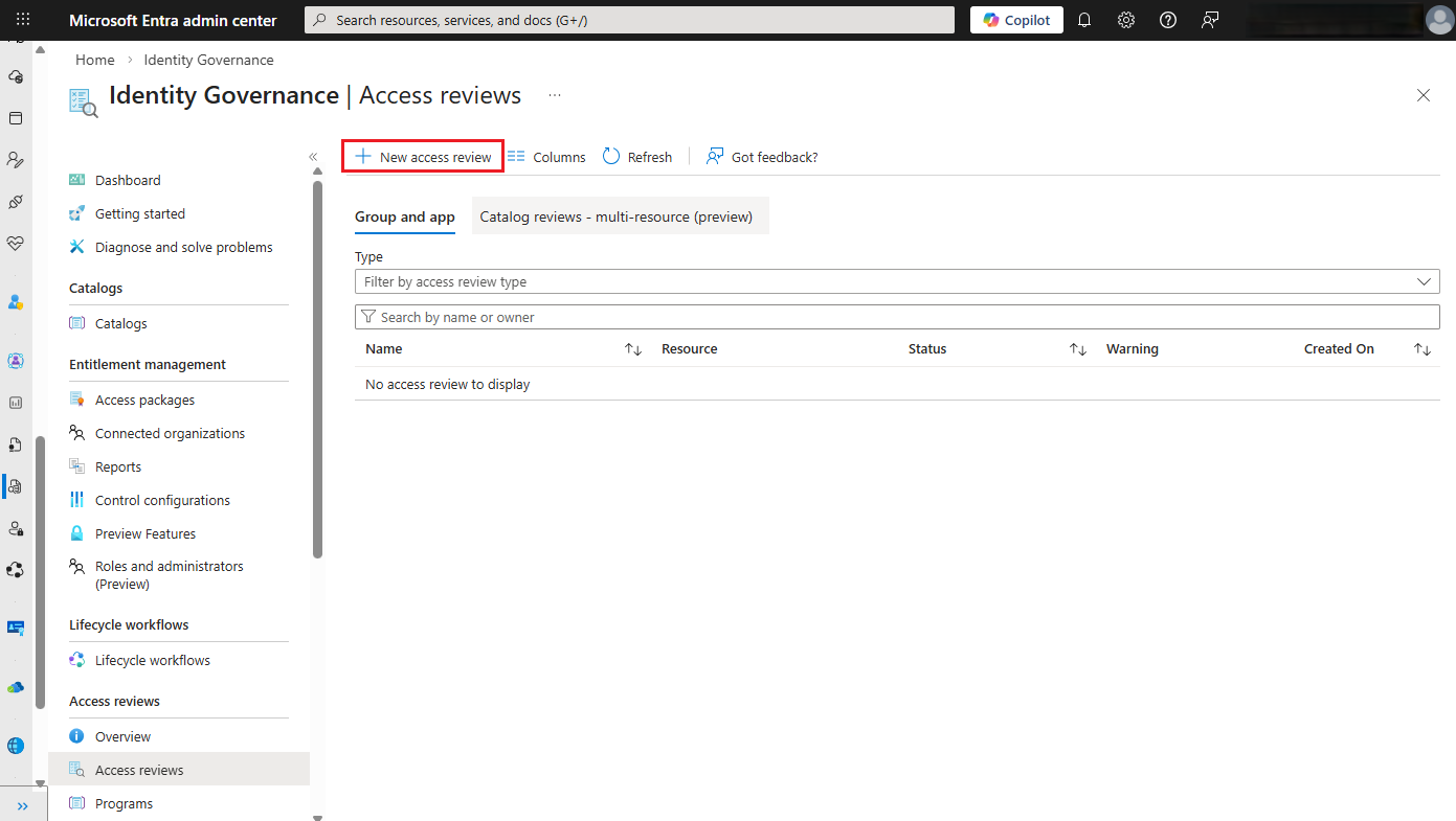 Microsoft Entra roles - Access reviews list showing the status of all reviews screenshot.