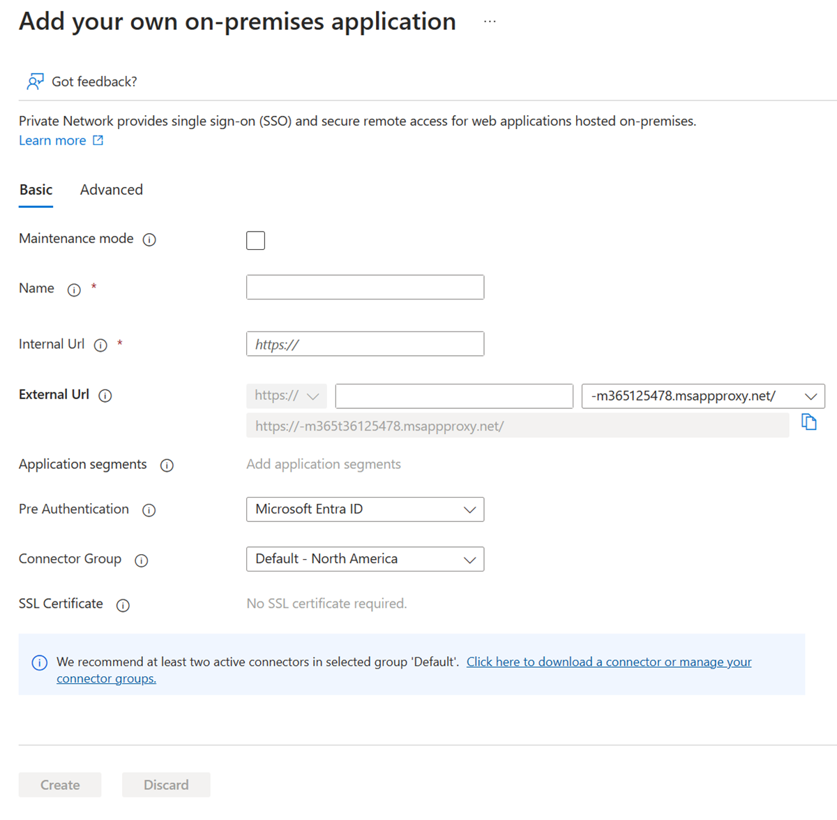 Application configuration form with fields for name, internal URL, and external URL settings.