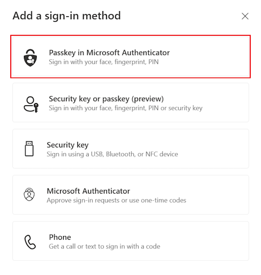 Screenshot that shows how to select passkey in Authenticator as a sign-in method.