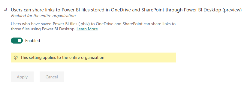Screenshot of admin setting called  Users can share links to Power BI files stored in OneDrive and SharePoint through Power BI Desktop.