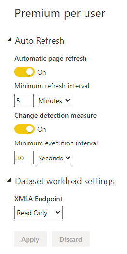 Screenshot of the Power BI Premium Per-User (PPU) settings.