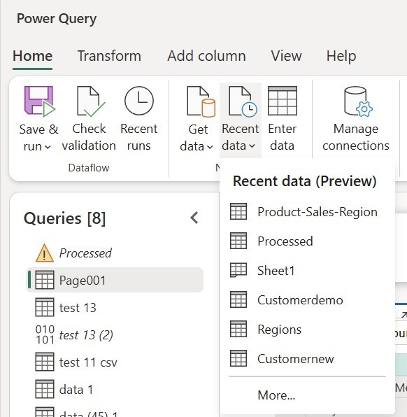 Screenshot of accessing recent data from the Power Query ribbon.