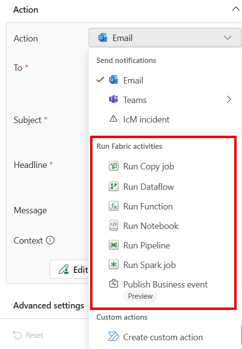 Screenshot showing the Action section of the Definition pane with pipeline action selected.