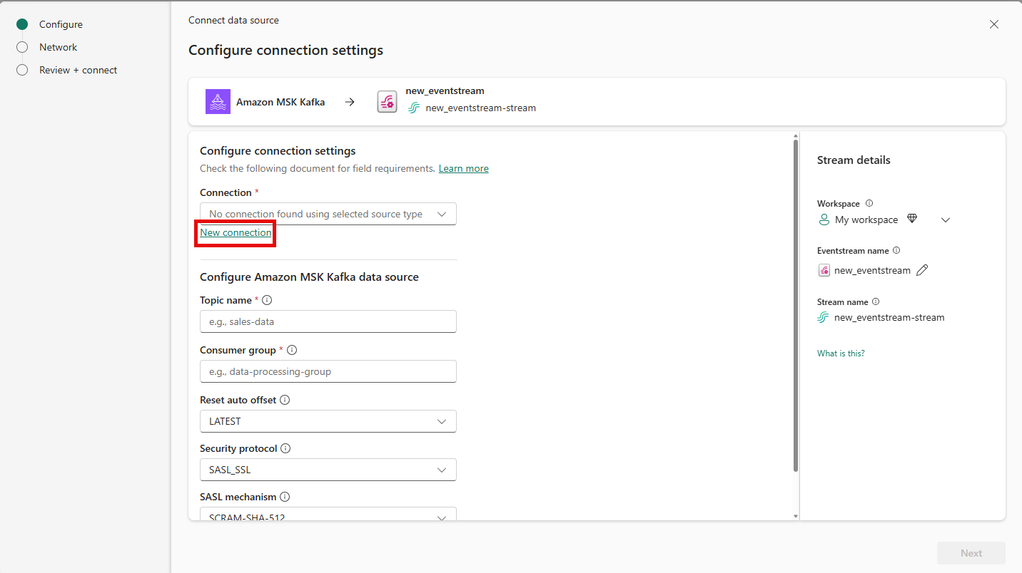 Screenshot that shows the selection of the New connection link on the Connect page of the Get events wizard.
