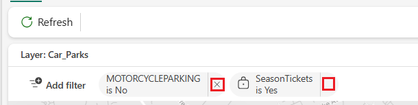 A screenshot showing a section of the Fabric Maps layer panel showing two active filters. The first filter isn't locked and has an x button for removal. The second filter has a lock icon and no x button indicating a locked filter that can't be removed. A Refresh button appear above the filters, but no save icon indicating the map can't be saved.