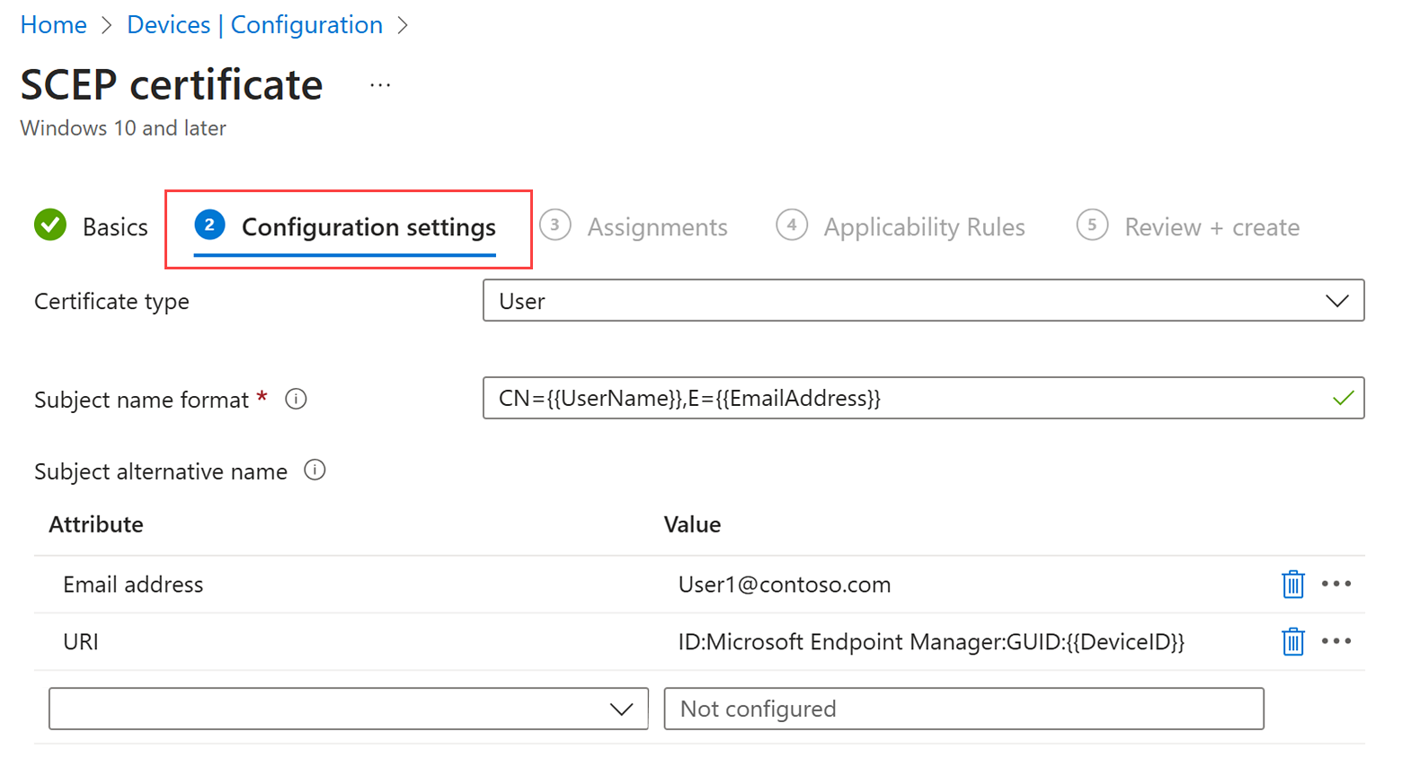 SCEP certificate profile Configuration settings section