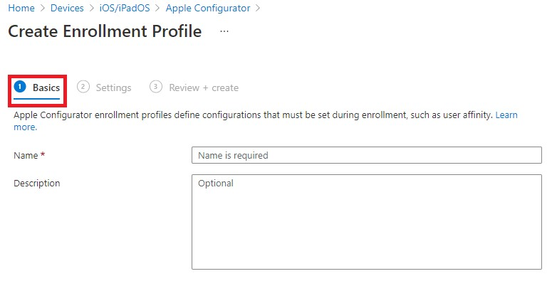 Screenshot of the create enrollment policy pane with the Basics tab selected.