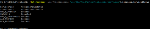 PowerShell output showing user license and service status verification.