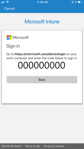 Instructions are provided to go to the https://microsoft.com/devicelogin page, with a unique passcode, from your work computer, then to use the code to sign in.