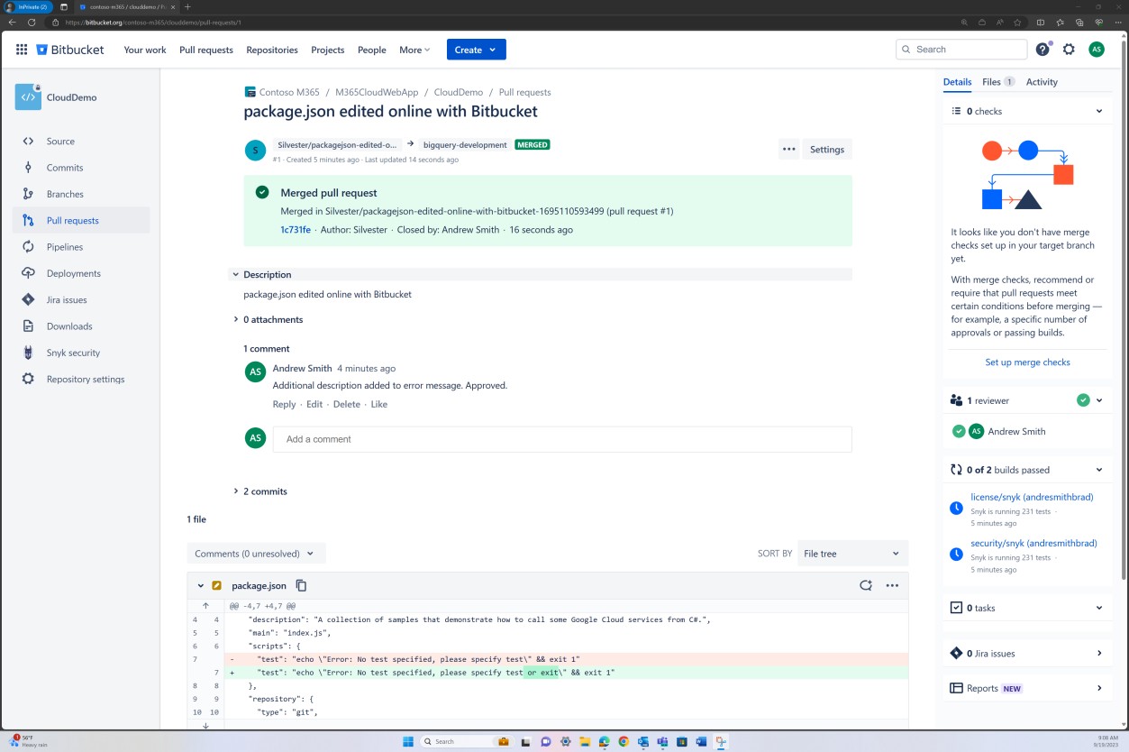 Bitbucket cloud demo pull request for package.json with comments and code.