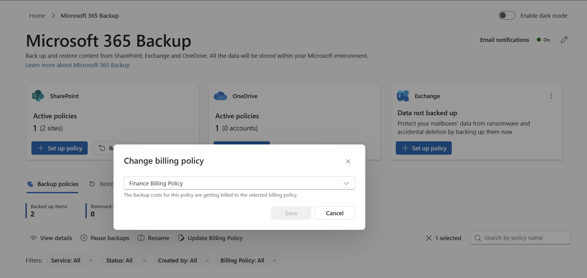 Screenshot of changing the billing policy for a backup policy.