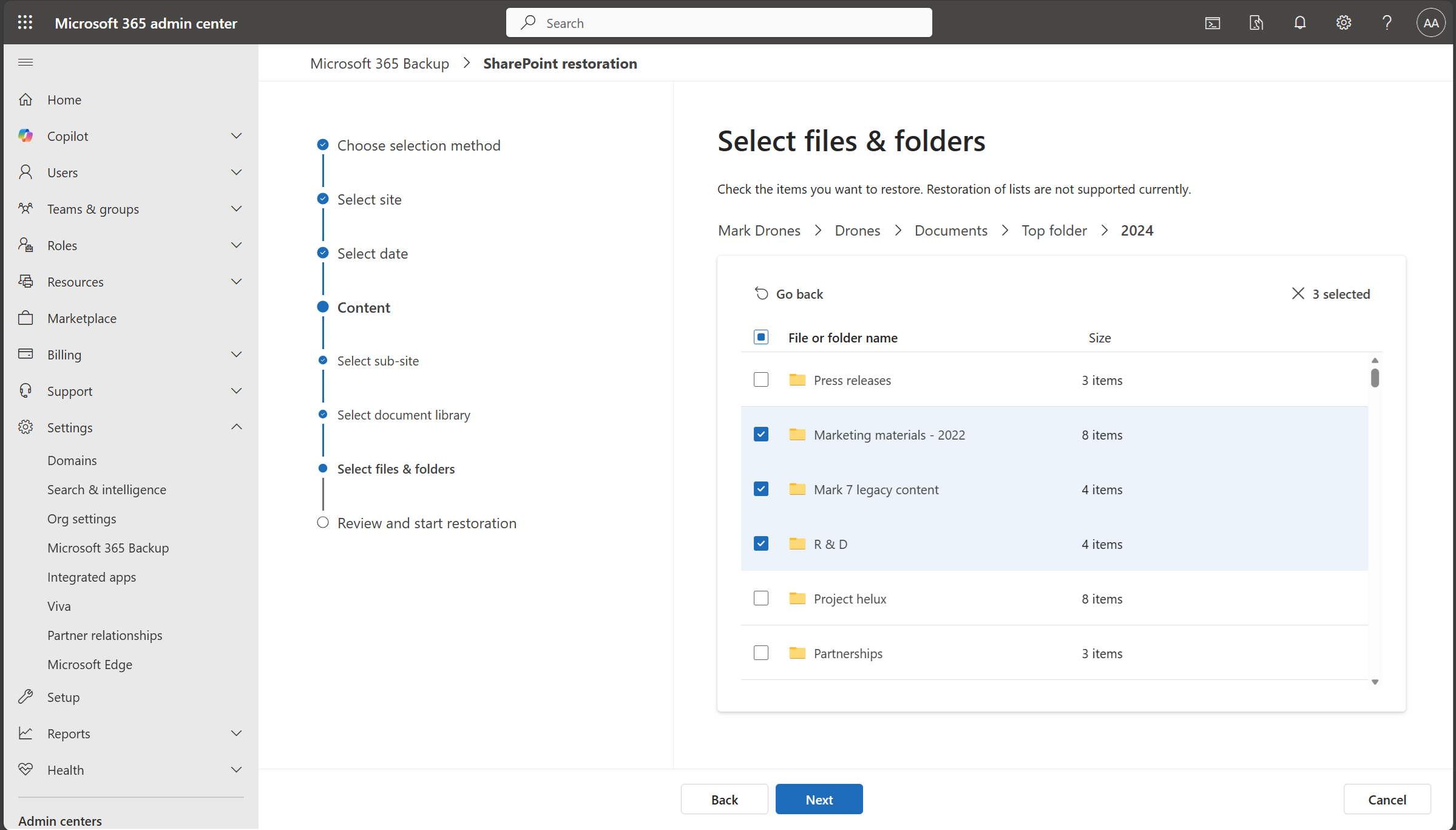 Screenshot that shows the GR selection step.