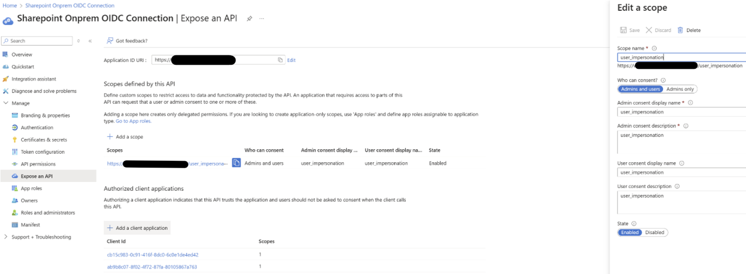 Screenshot that shows expose an API configuration.