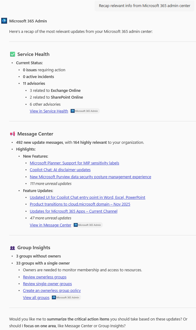 Screenshot of the Copilot prompt and response page showing the question: Recap relevant info from Microsoft 365 admin center.