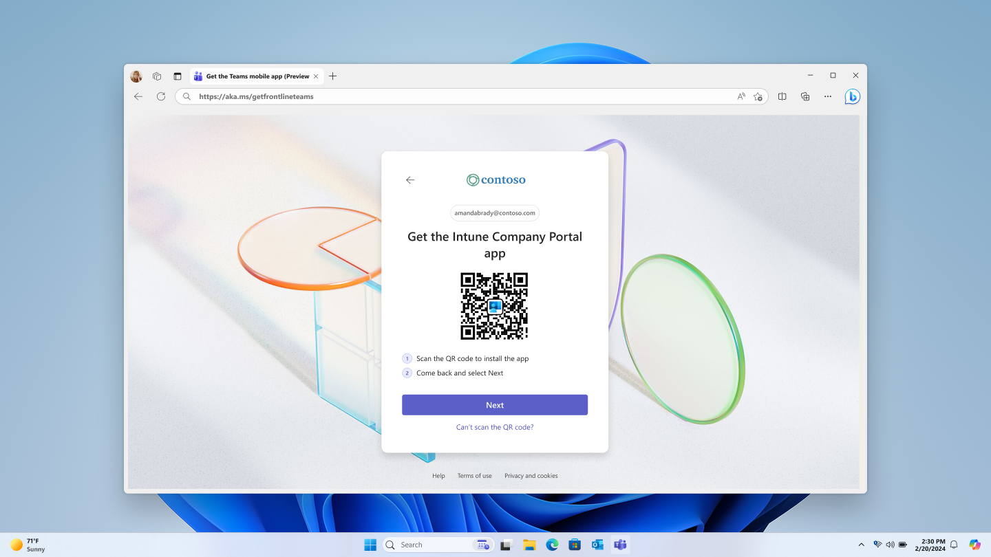 Screenshot displays a QR code along with instructions for downloading the Company Portal app.
