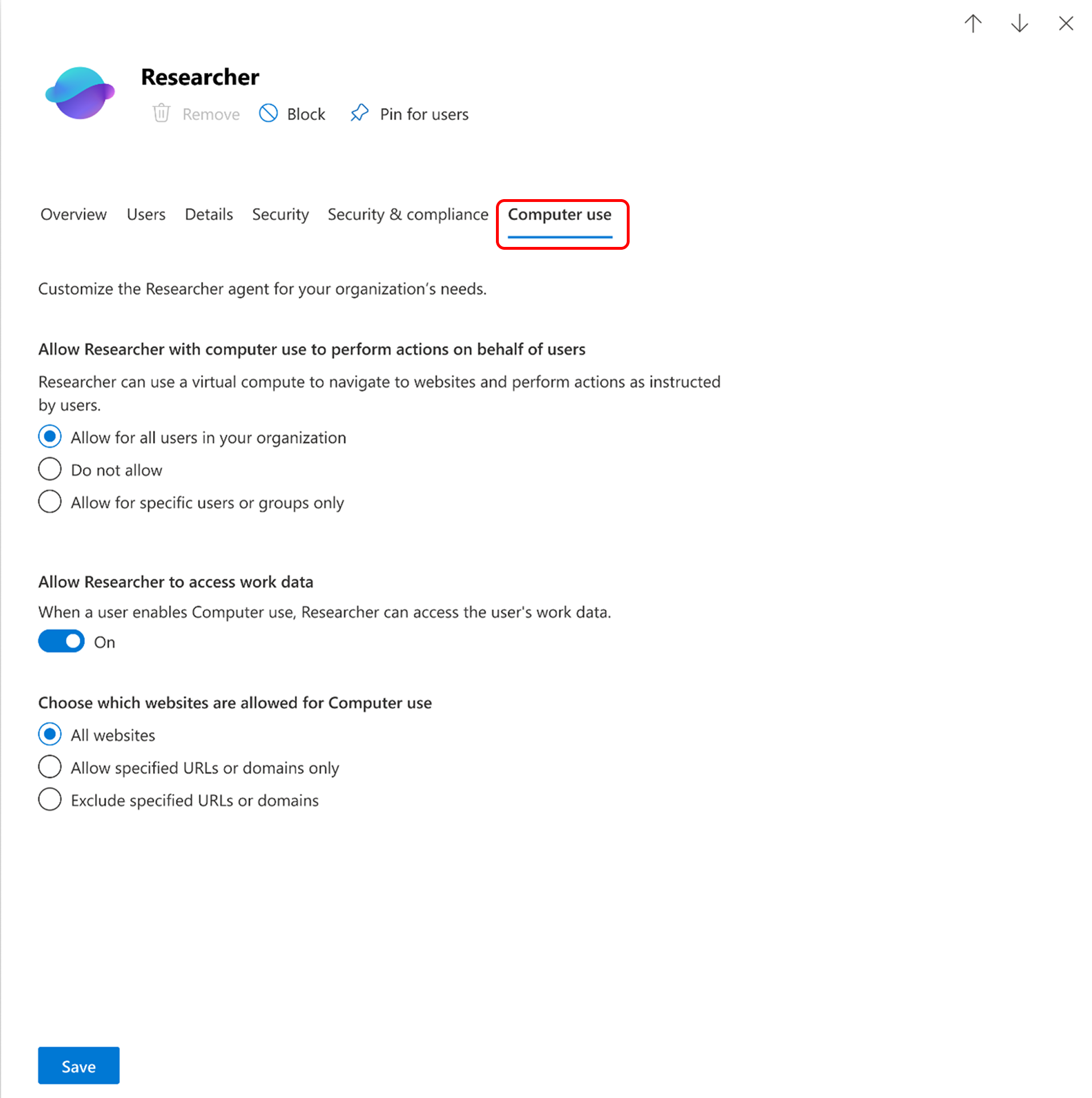 Screenshot showing the Researcher for Computer Use page.