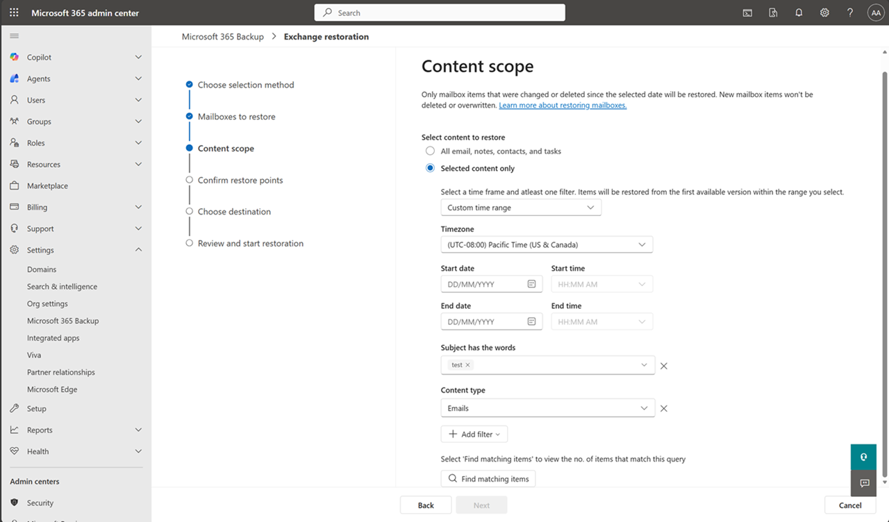 Screenshot showing the Content scope page with the Selected content only option selected.